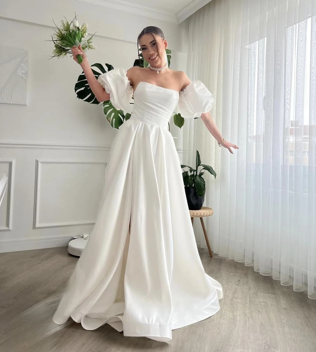 Simple A-Line Wedding Dress Side Slit Floor Length Side Slit Stunning Customize To Measures Bridal Gowns Charming Soft Fabric