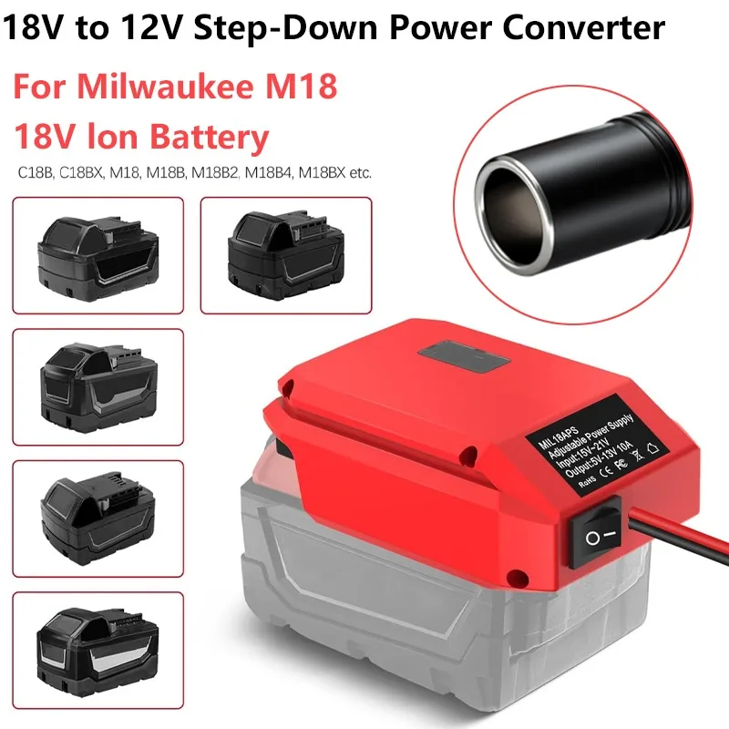 

DC18V to 12V Step-Down Power Converter for Milwaukee M1818V Battery 20A with Cigarette Lighter Socket for Car Fridges Appliances