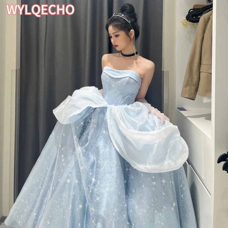 Blue Prom Dress Engagement Jacquard Dress France Vintage Sweet Korean Princess Fairy Dress Evening Party Dress