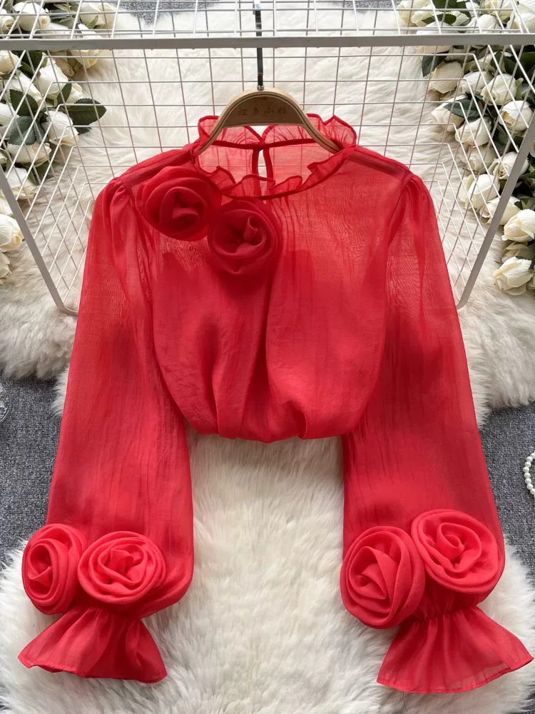 3D Flower Chiffon Blouse Ruffles Collar Long Sleeves Sheer With Lining Ladies France Vintage Senior Elegant OL Tops