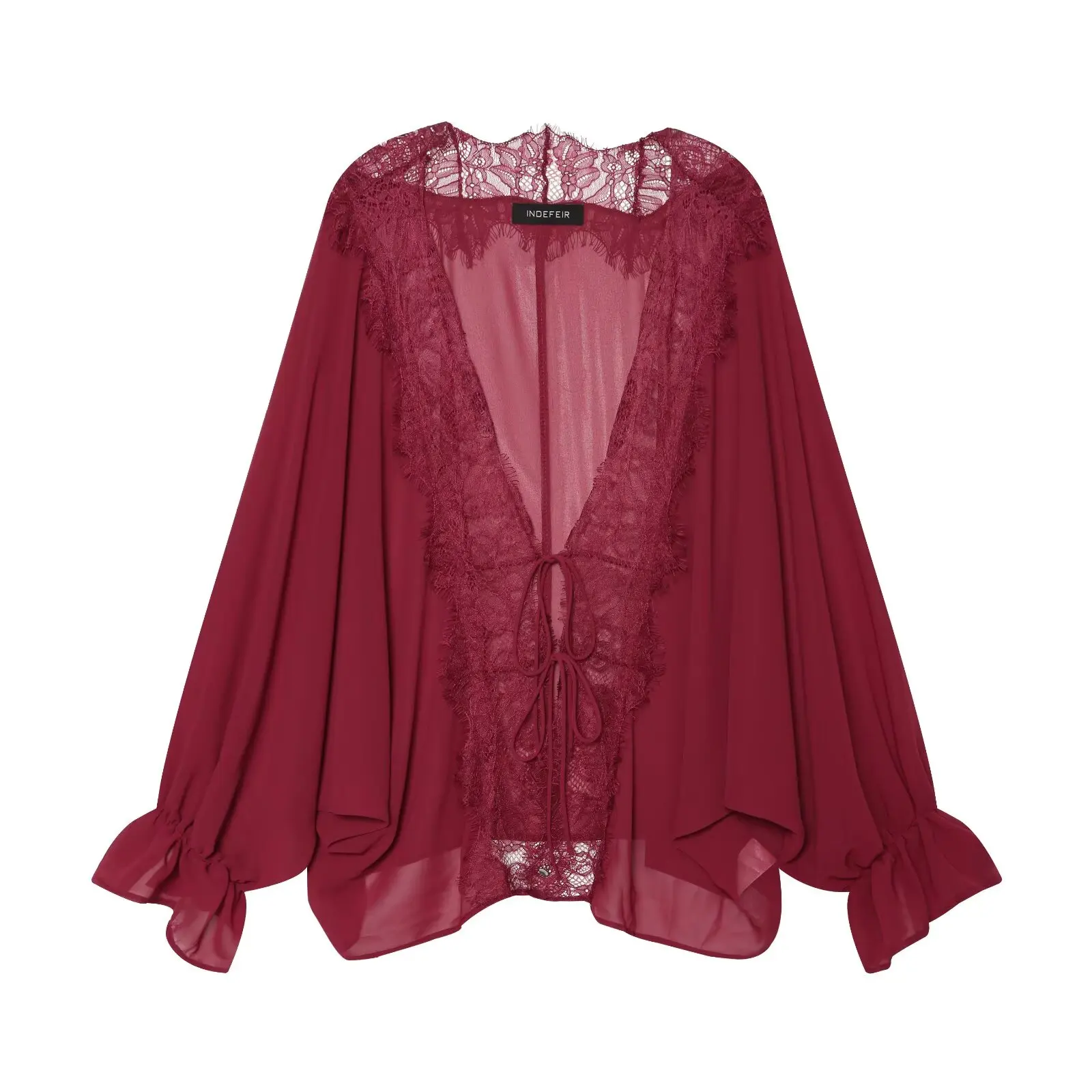 BSAY 2026 Vintage Damen Mode Transparente Bluse mit Spitzenbesatz V-Ausschnitt Vorderer Kordelzug Trompetenärmel Lässiges Strand-Sonnenschutz-Oberteil – Detail 7