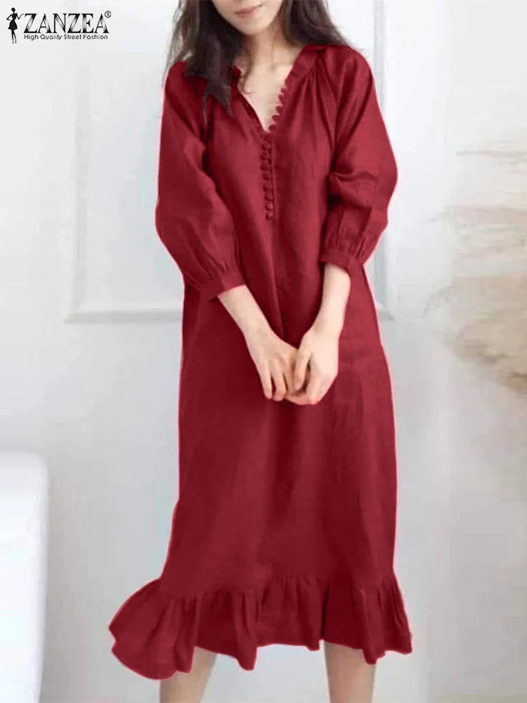 

Elegant Ruffles Dress ZANZEA Women Summer V Neck 3/4 Sleeve Sundress Robe Femme Casual Work Midi Dresses Baggy Holiday Vestidos