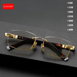 KLASSNUM Men Retro Rimless Reading Glasses With Eye Protection Yellow Lens Anti Fatigue Plus Glasses Presbyopia +1.0 2.0 3.5 4.0