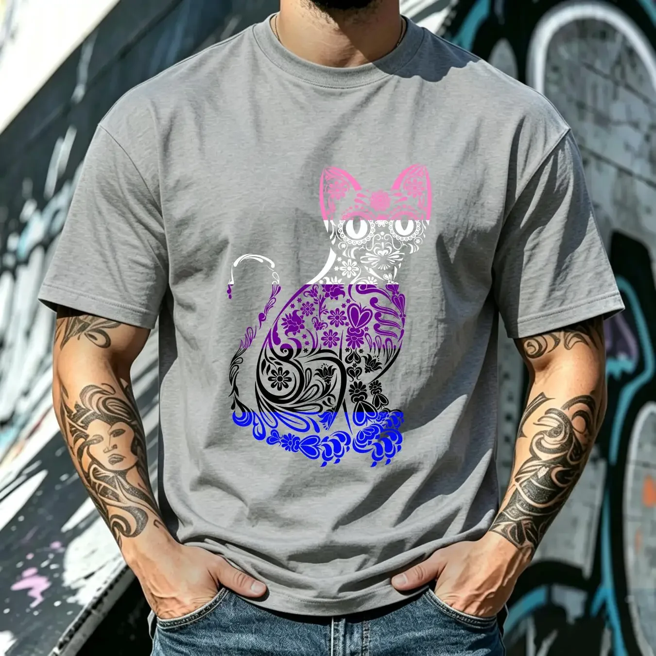 washed T Shirt Cat Sugar Skull LGBT Q Genderfluid Pride Flag Large Capacity Backpack Print Backpacks vintage Washed Unisex
