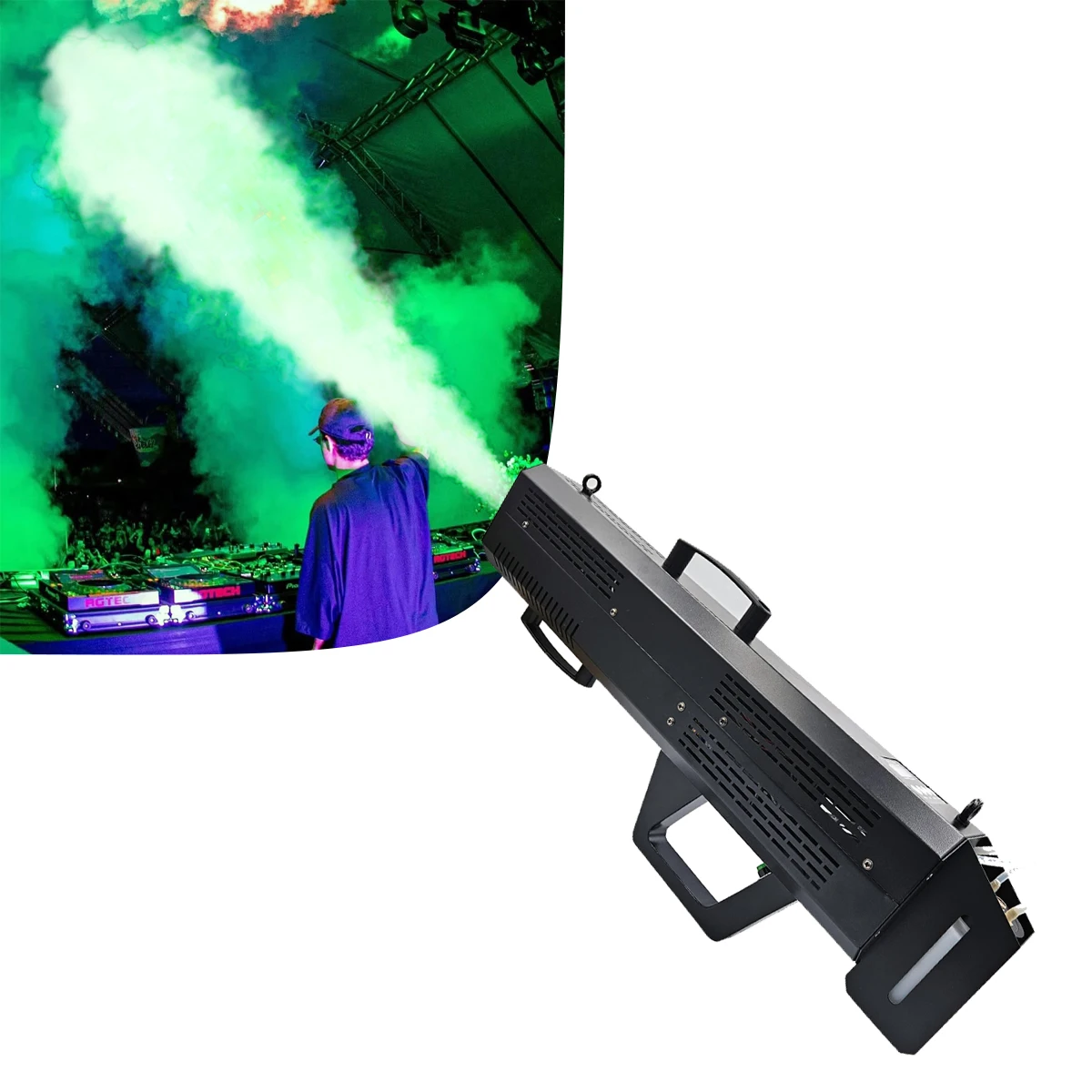 New Design Stage Dj Rgb Light Cannon Vigorous Powerful Output Fog Spray Machine CO2 Use Normal Fog Fluid Handheld Smoke Jet Prop