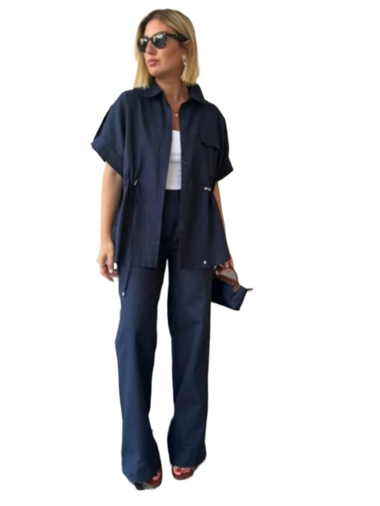 ชุดเซ็ตสองชิ้นสำหรับผู้หญิง ฤดูร้อน ปี 2025 เสื้อทรงหลวม กางเกงขายาวเอวสูงทรงกว้าง ชุดลำลองทันสมัย สไตล์หรูหรา ชุดสูทลำลอง ชุดสองชิ้นสำหรับผู้หญิง