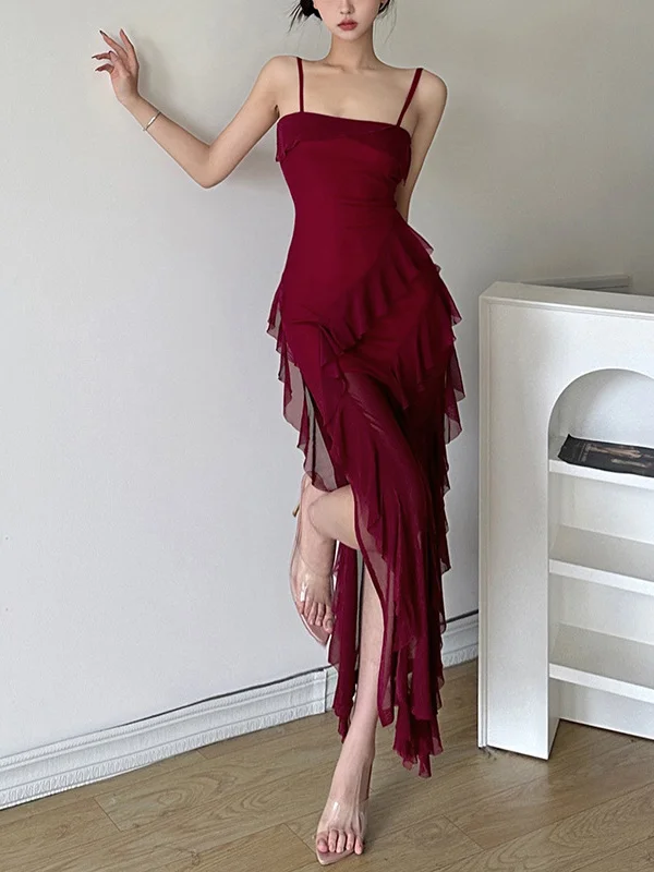 ピュアレッド スリムフィット ストラップ付き ドクターサマー ヴァイオン レディース ロングスカート アシンメトリー スリット ビーチ ホリデー ガウン ハイウエスト カットアウト