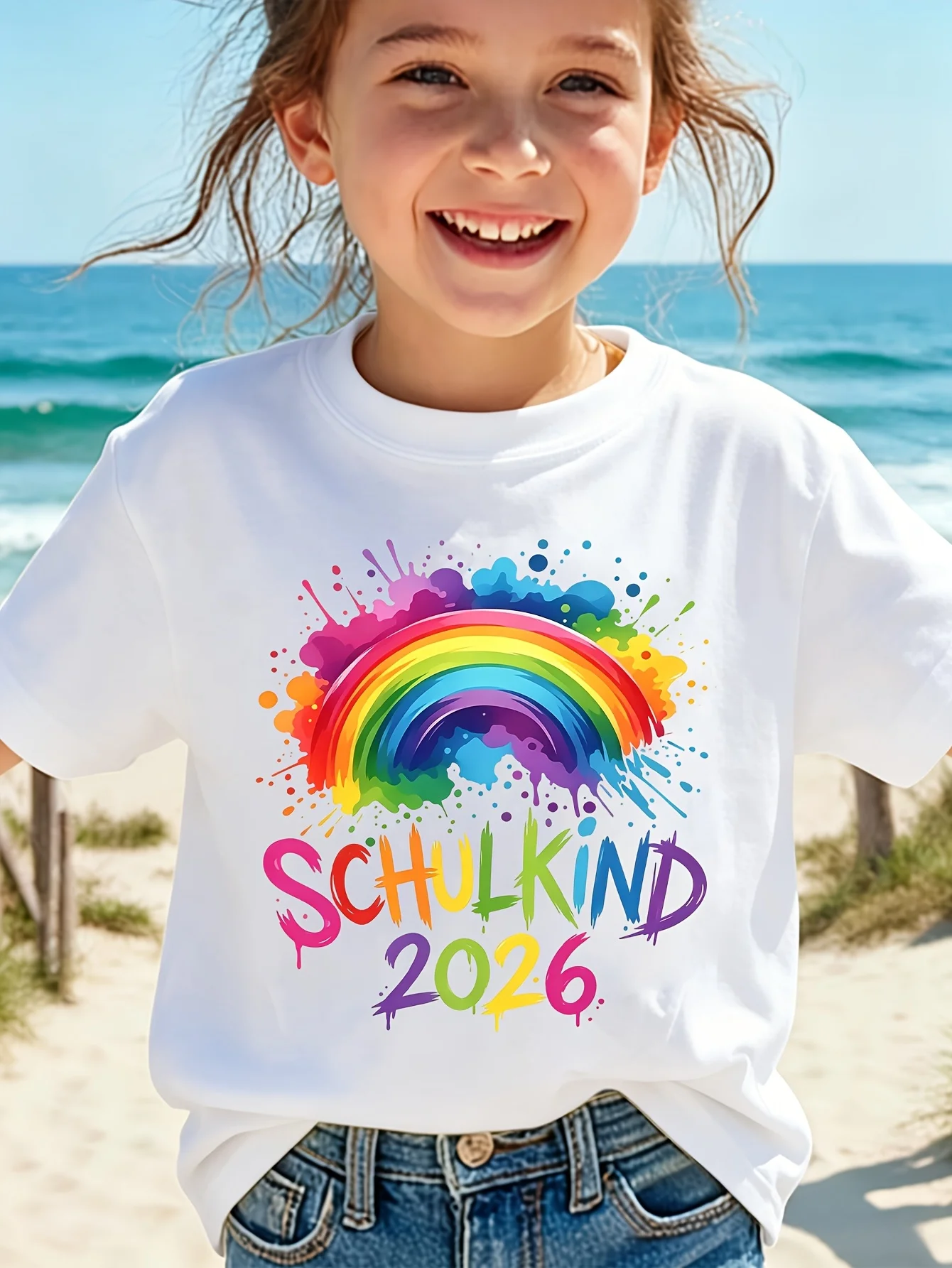 Family Matching Kids Tee Schulkind 2026 Rainbow Graphic Short Sleeve Cotton T Shirt Girls Boys Parent Child School Wear