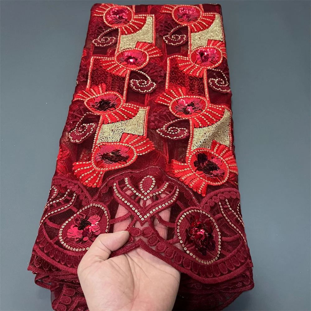 

2025 Высокое качество, новейшая африканская нигерийская тюль, кружевная ткань с вышивкой, гипюровые платья для выпускного вечера с блестками, 5 ярдов ZJ055