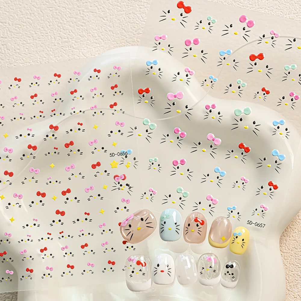 1 Uds. 5D macarrones arco gatito gato Kawaii pegatinas de uñas multi-expresión dibujos animados KITTY pegatina de uñas autoadhesiva colorida KT Slider