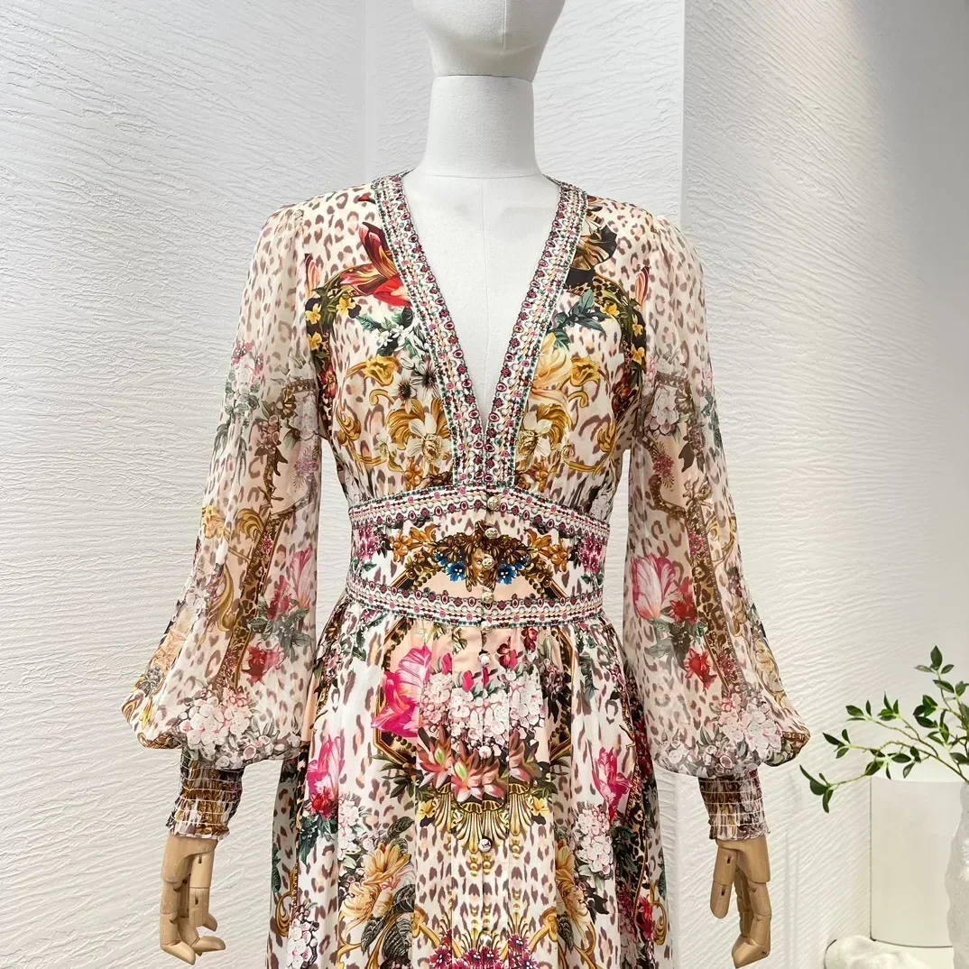 Women\'s Elastic High Waist Long Sleeve Silk Midi Dress Floral Print Spring Summer New Arrival Top Quality 2024