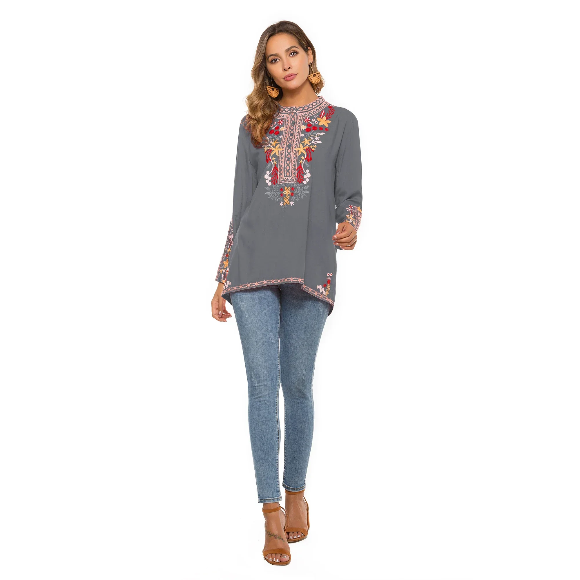 Embroidered Long Sleeved Top Mexican Bohemian Farmer Casual Loose Waistcoat Autumn Women's Shirt Tops  Shirts  Women Tops
