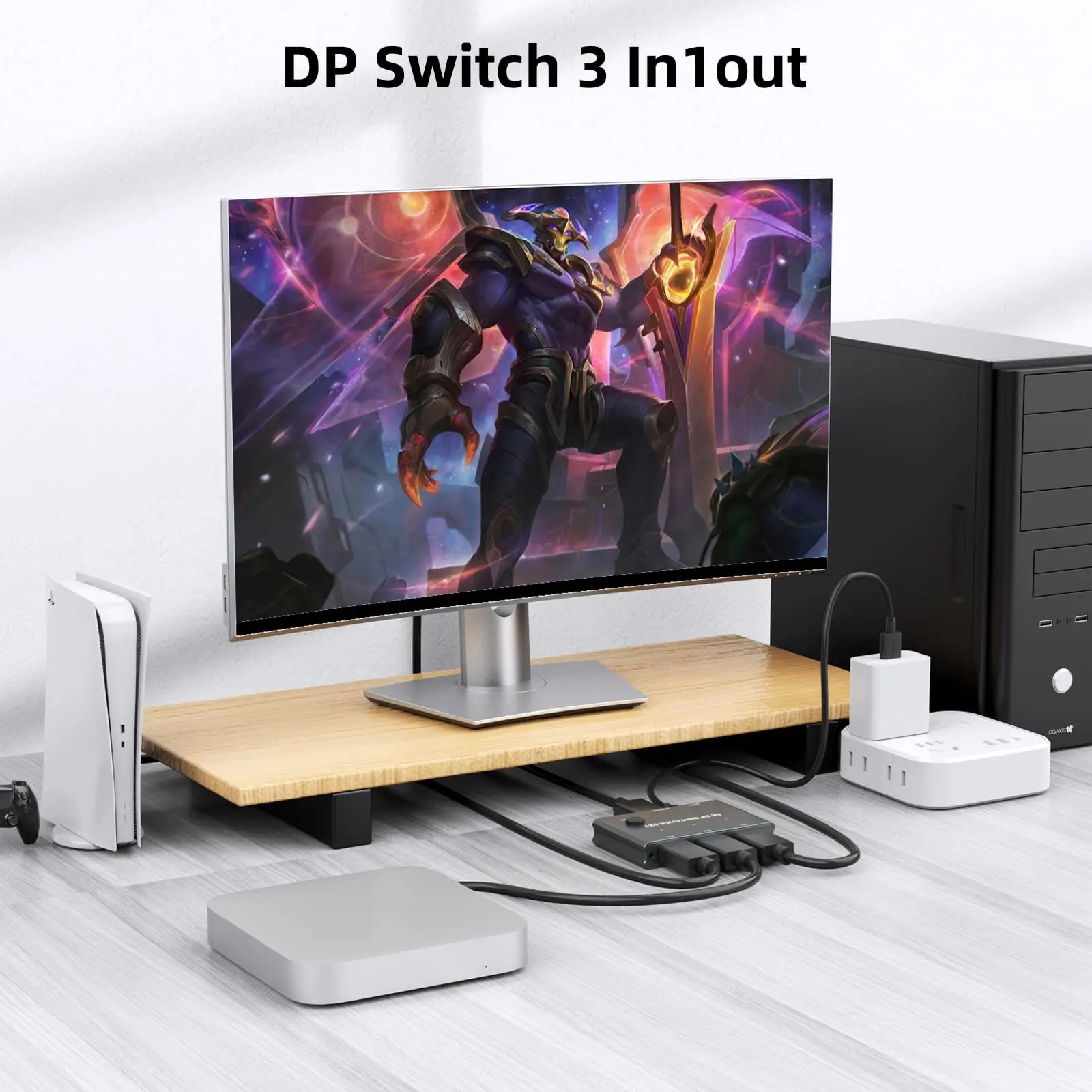 8K DisplayPort Switch 3 in 1 Out, DP Switches Splitter Selector Box with Button Support 8K@60Hz, 4K@144Hz Compatible with PC