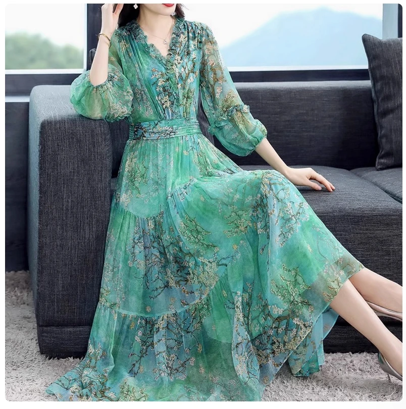 

Высококачественное шелковое платье с принтом и весной и осенней талией для похудения, шелковое платье тутового цвета.