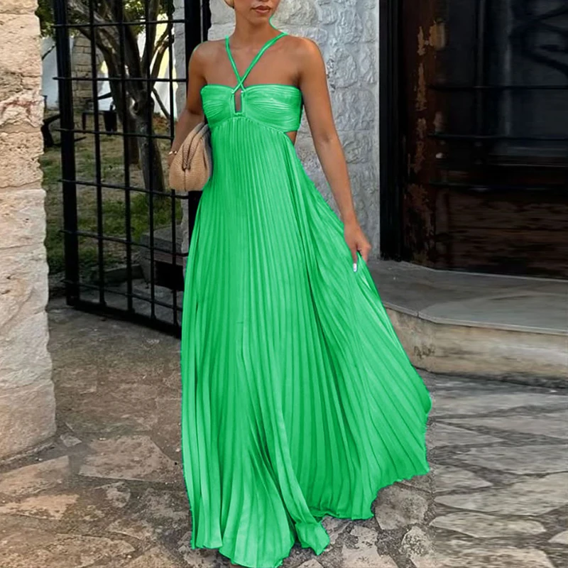 Abiti Sexy Hollow Halter Robe Abiti a pieghe Donna Nuova primavera Solido Vita alta Abito lungo Estate Backless Lace-up Boho Dress