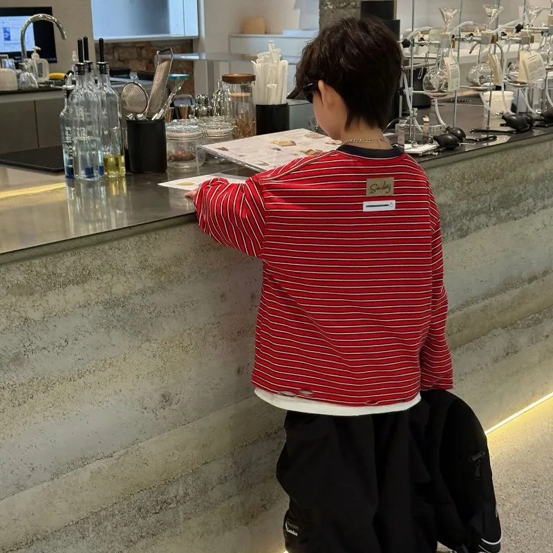 

Boys T-shirt 2025 Autumn Spring Korean Style Fahion Trendy Casual Loose Red Striped Long Sleeve Versatile Base Layer Top