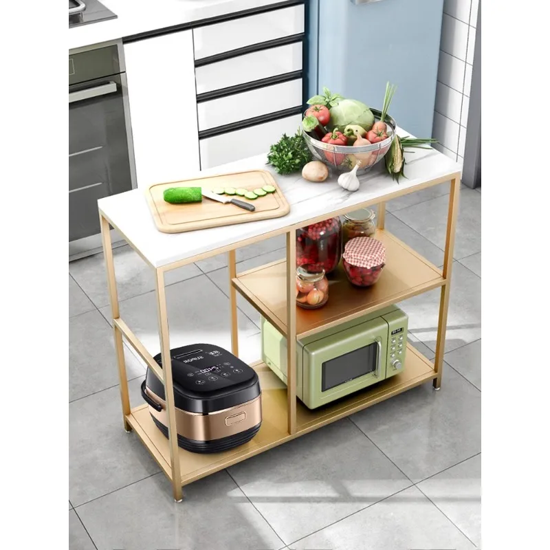 Floor-to-ceiling shelf in kitchen Multi-storey lockers with cracks on the side of refrigerator Marble oven microwave