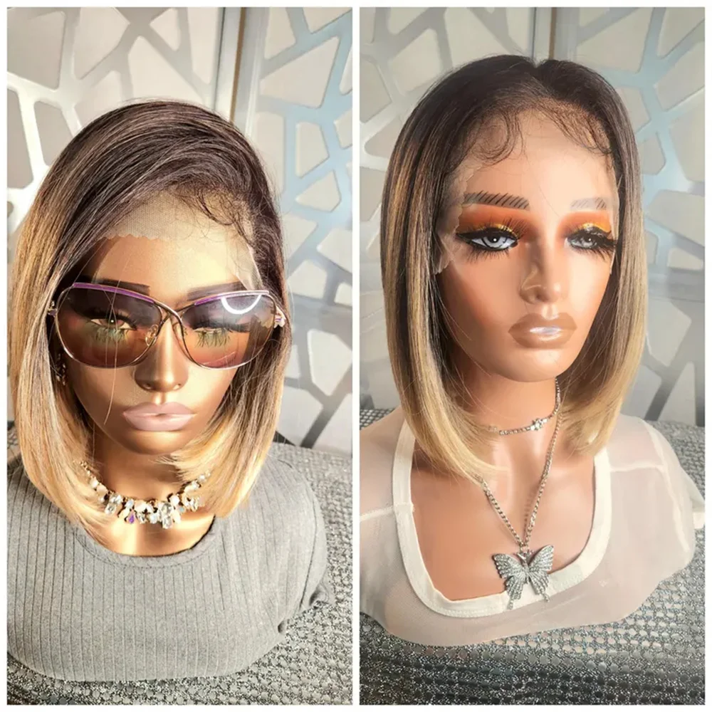 

Blonde Wig Straight Short Wig Ombre Bob Wig Dark Roots Free Parting Wig 13x4 Human Hair Blend Glueless Wig Heat Safe for Women
