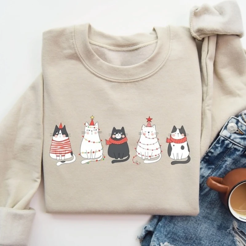 لطيف القط عيد الميلاد البلوز القط الأم البلوز عطلة هوديي طاقم الرقبة طويلة الأكمام أزياء لينة الخريف والشتاء هودي أعلى