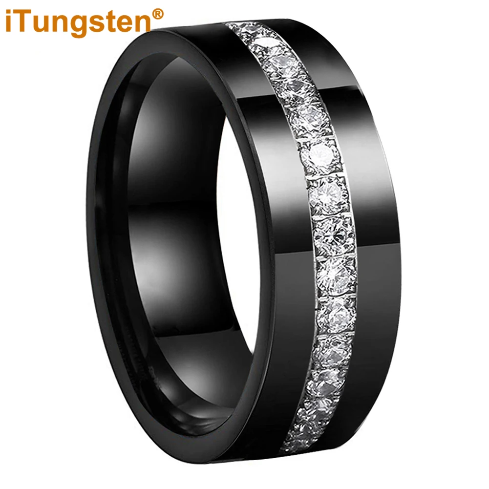 iTungsten 8mm Cubic Zirconia Stone All Around Ring Tungsten Fashion Engagement Wedding Band for Men Women Polish Shiny