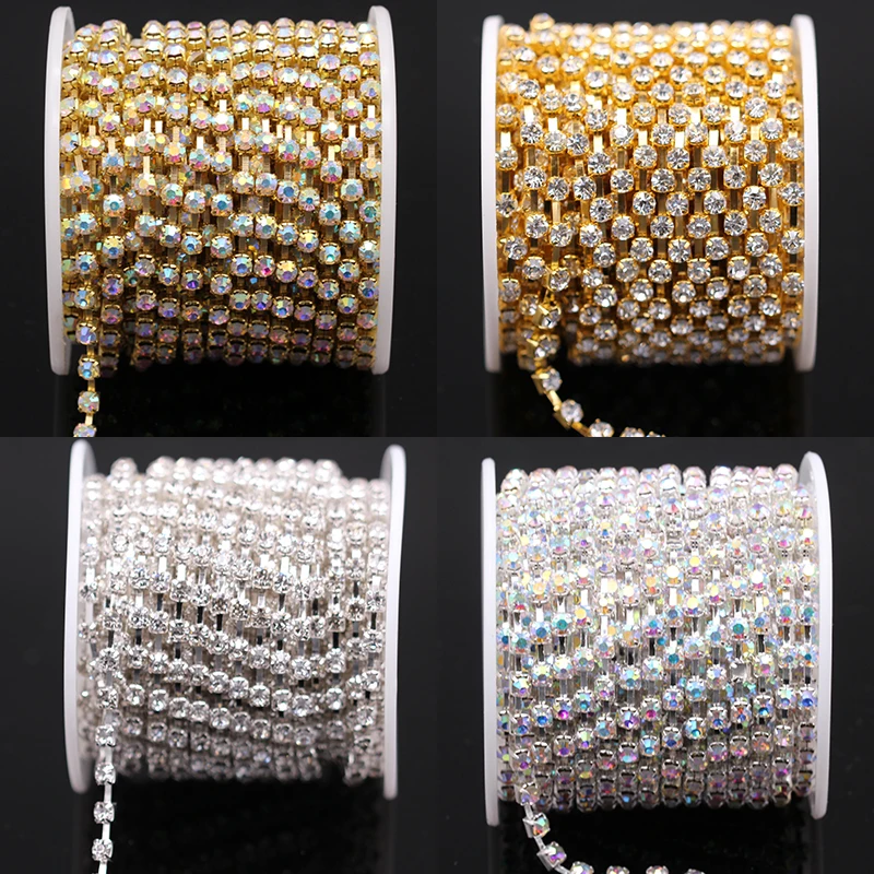 1 yard 2MM-8MM Glass AB Crystal Rhinestone Cup Chain Sew On Diamond Glue-On Close Glitter Gold/Silver Trimming Base For Garments