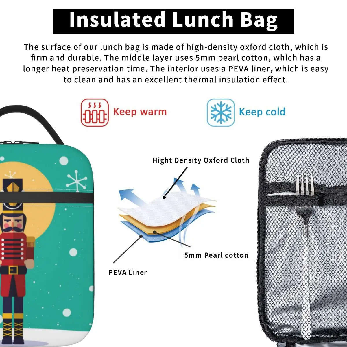 عيد الميلاد كسارة البندق الغداء حقيبة مريحة الغداء مربع للجنسين نزهة طباعة حقيبة للحفاظ على البرودة Kawaii أكسفورد حمل أكياس الغذاء