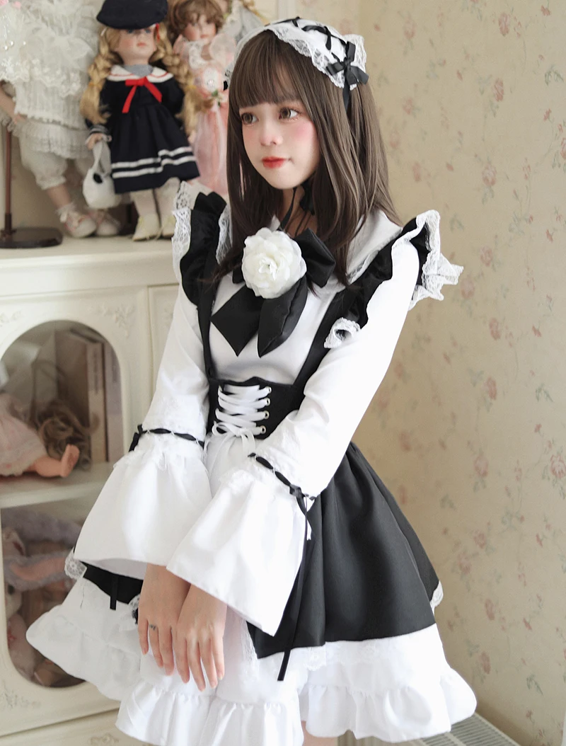 Nero bianco gotico Lolita cameriera vestito Cosplay vestito per ragazze donna cameriera cameriera partito costumi di scena