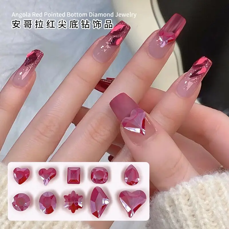 

10pcs\bag Retro red water droplet heart-shaped diamond rhinestone designer nail charms DIY nail arts manicure jewelry wholesale