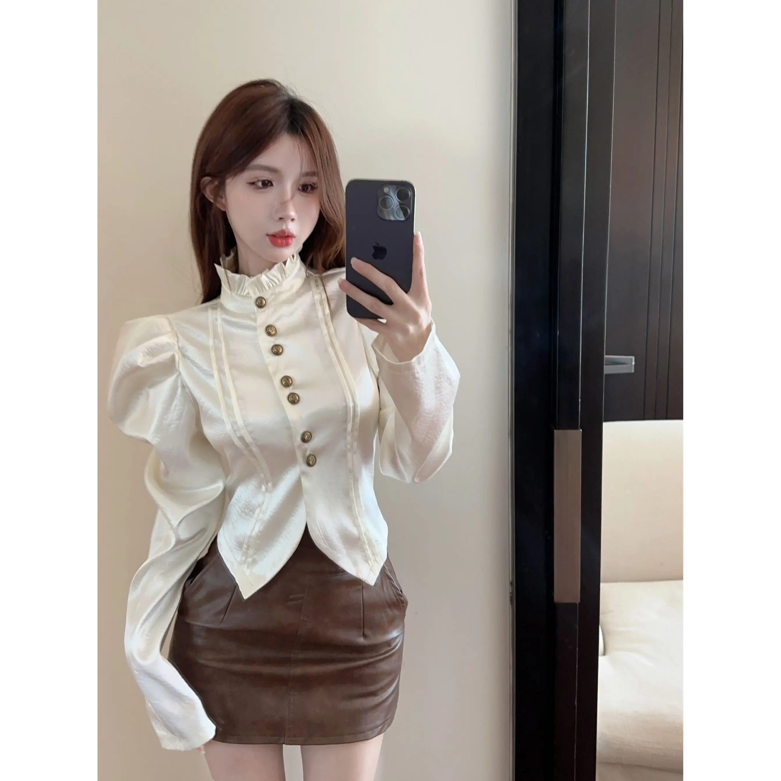 Spring Autumn Elegant Long Sleeve Standing Neck French Bubble Sleeve Solid Pleated Commuter Chiffon Blouse Fashion Woman Shirt