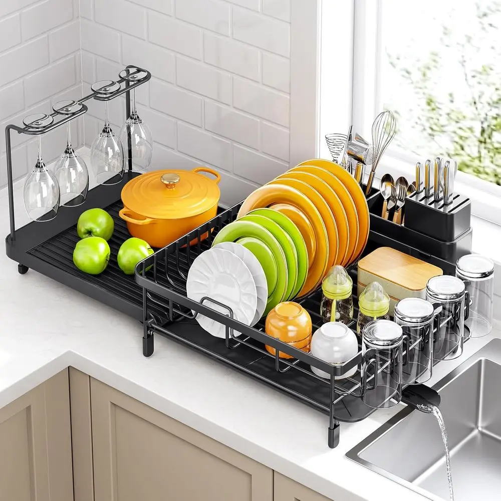 

Large Dish Drying Rack – Expandable Dish Rack or Kitchen Counter, Multiunctional Dish Drainer with Cup & Wine Glass Holder, 16.2