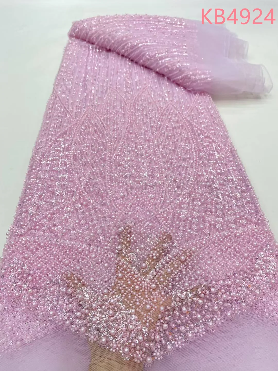 Tessuti di pizzo con perline viola Dubai Tessuti di pizzo nigeriano 2025 perle di perline bianche Tessuto di pizzo di maglia francese per abito da sposa KB4924