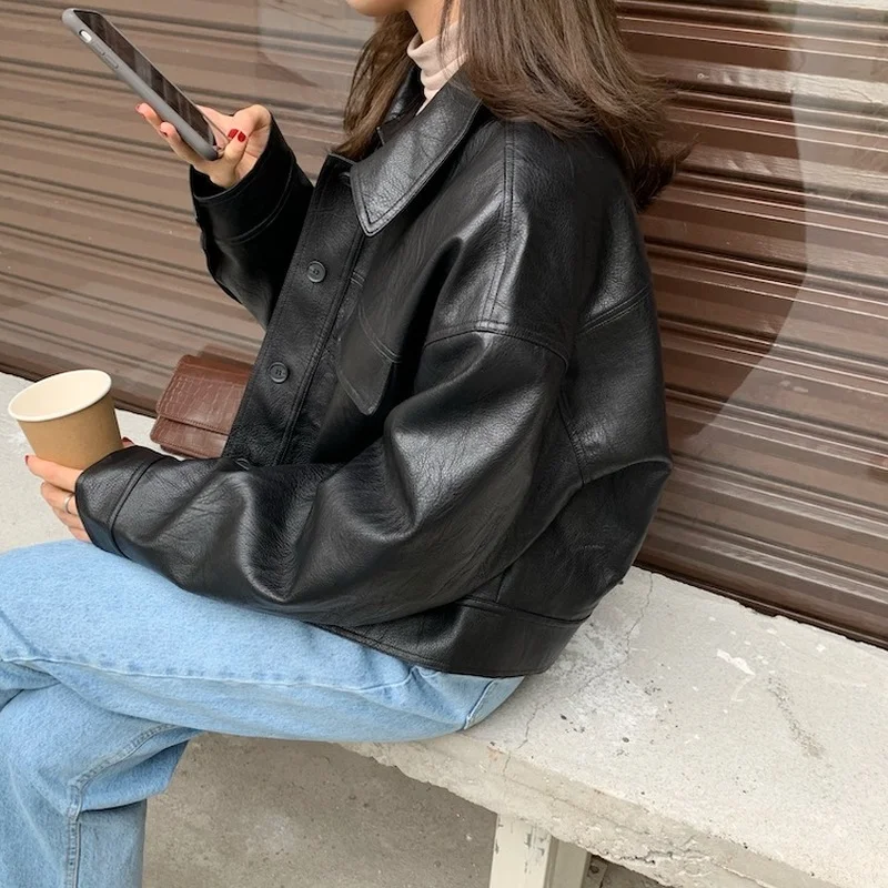 

PU Leather Jackets Loose Cool Autumn Minimalist Vintage Harajuku All-match Classic Streetwear Stylish College Cropped Outwear