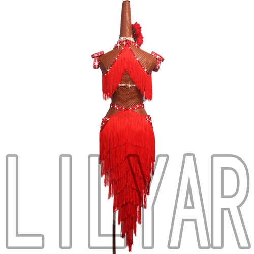 Imagen 2 del producto Nuevo vestido de competición de baile latino para mujer y adulto, falda con flecos rojos personalizada, bordado, moda, diamante brillante