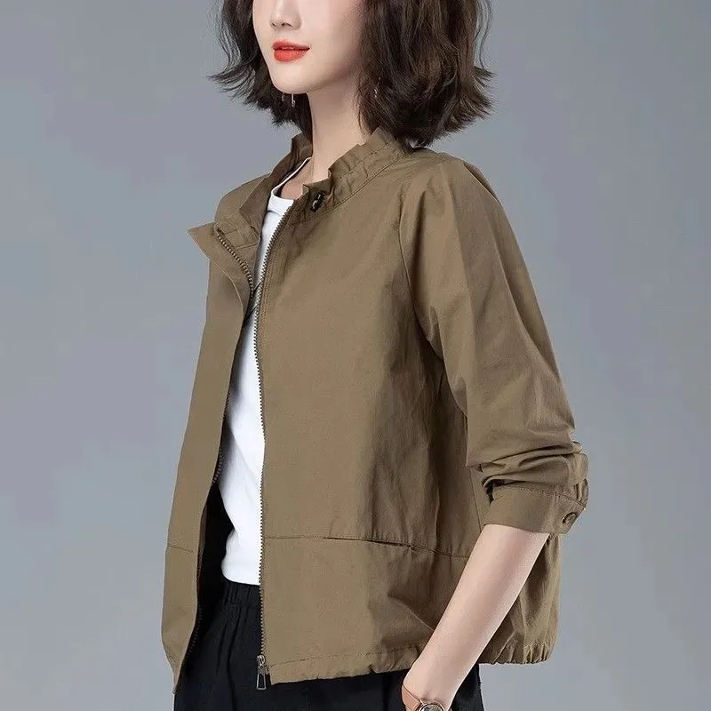 

2025 New Spring Autumn Zipper Coat Outerwear Women's Casual Stand-Up Collar Jacket Top Fashion Short Windbreaker Female