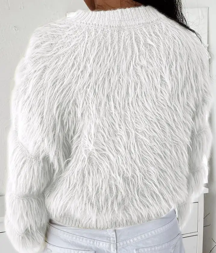 Winter Women\'s New Fashion Casual Fluffy Tassel Design Long Sleeve Round Neck Acrylic Sweater Pullover Jumper Solid Top 2023