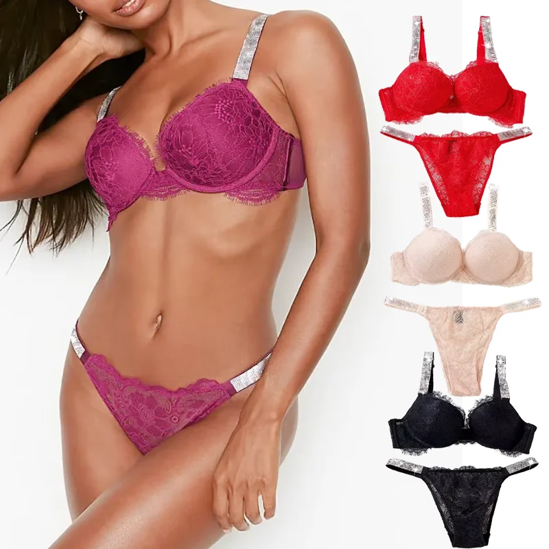 2025 New Style Comfort Briefs Underwear Set Brand Letter   Sexy  Lace Female Intimates  Women Panties Rhinestone Bra Set