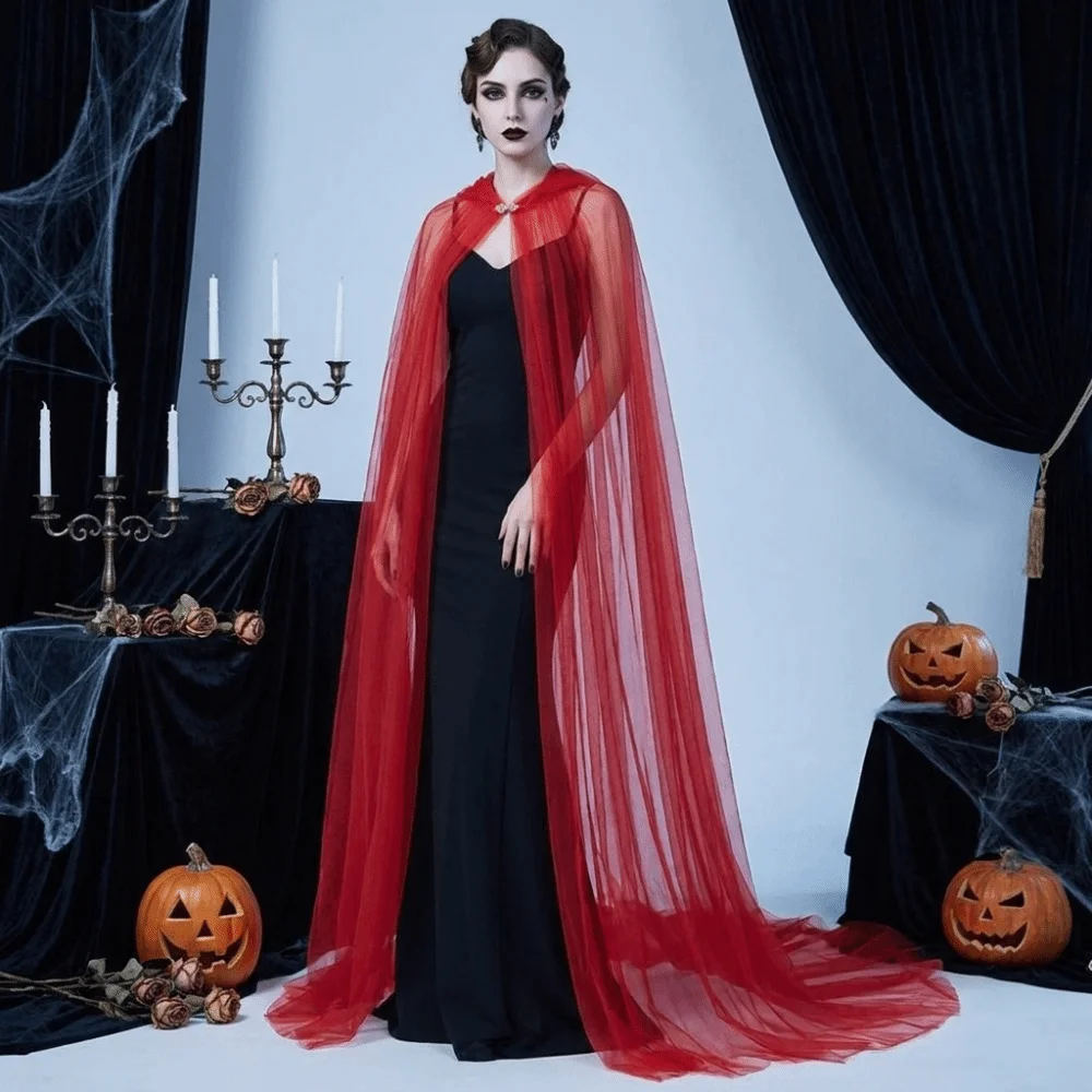 Retro Solid Color Halloween Hooded Tulle Cape Floor Length Long Mesh Cloak Sheer Polyester Cosplay Bridal Costume Wedding