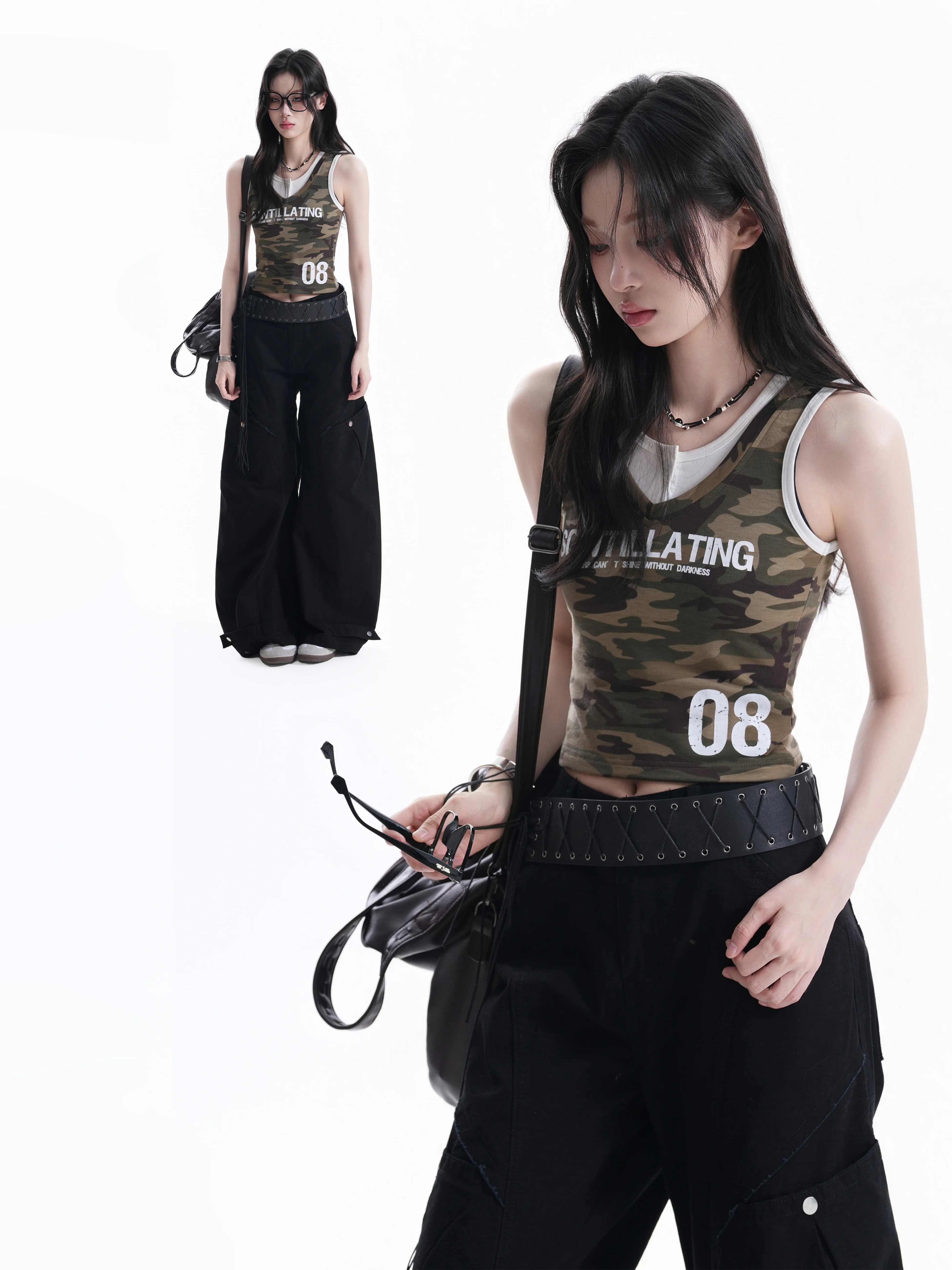 Millennial Style Color Block Camouflage Print Sleeveless Vest Sporty Sexy T-Shirt Cleanfit Slimming Short Length V-Neck Backless