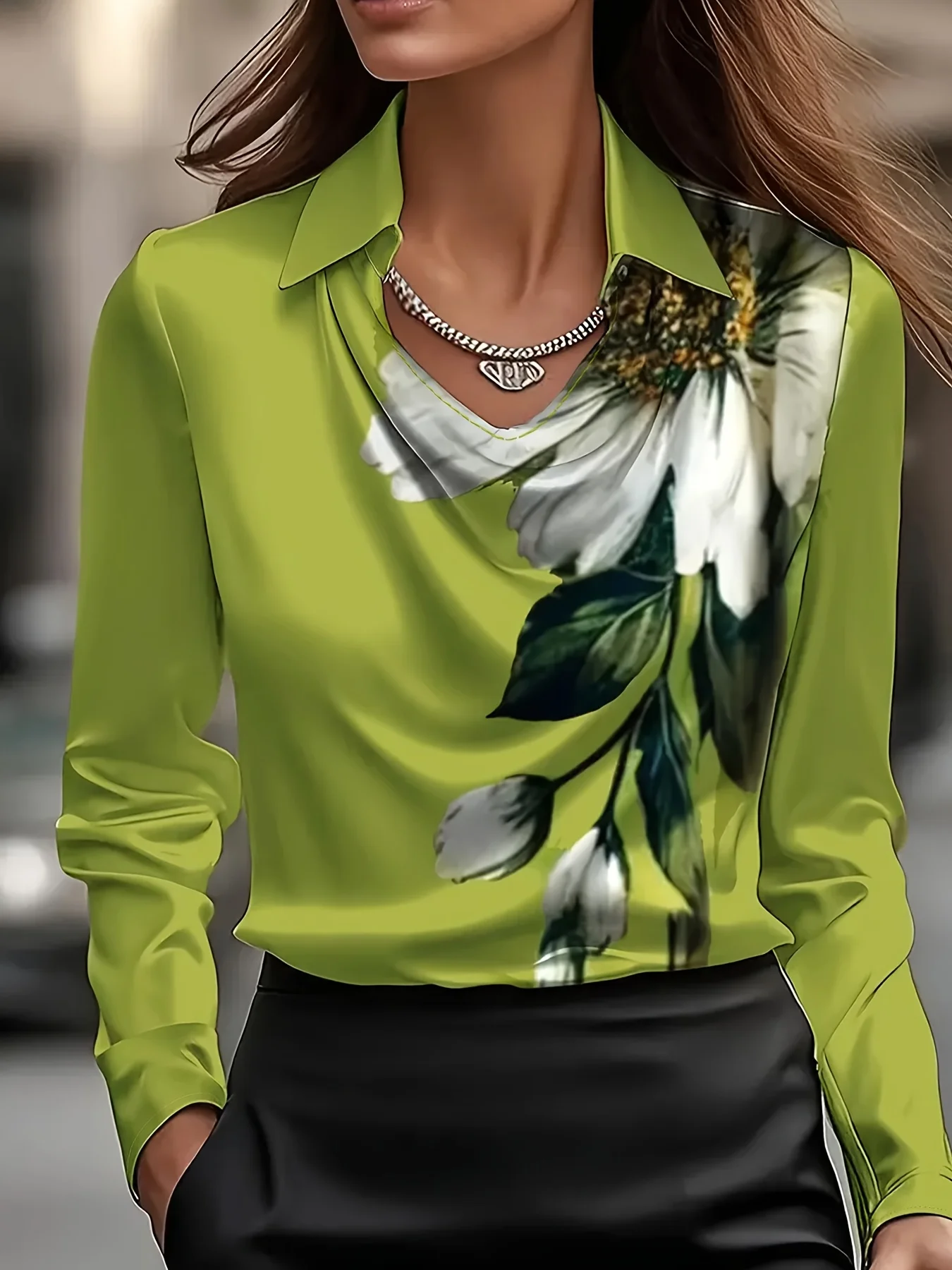 

Floral Print Satin Blouse Turn Down Collar Long Sleeve Elegant Office Wear Casual Tops for Woman Clothes