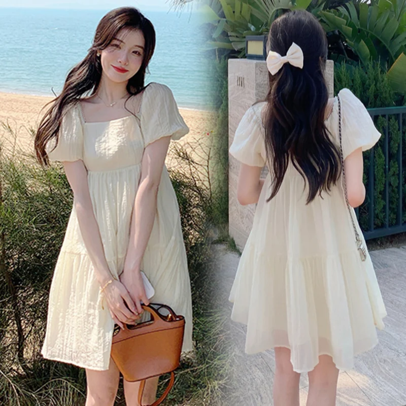 

Solid Color Puff Sleeve Square Collar Short Maternity Mini Dress Loose Princess Dresses Korean Style Pregnant Woman Summer Dress