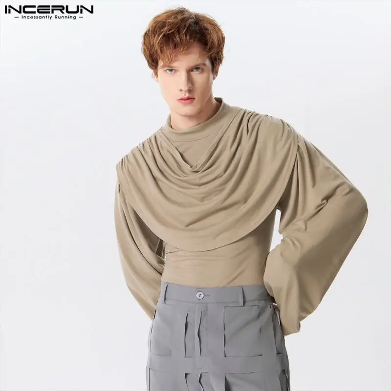 2024 Men T Shirt Turtleneck Long Sleeve Pleated Male Irregular Tee Tops Streetwear Solid Color Casual Fashion Camisetas INCERUN