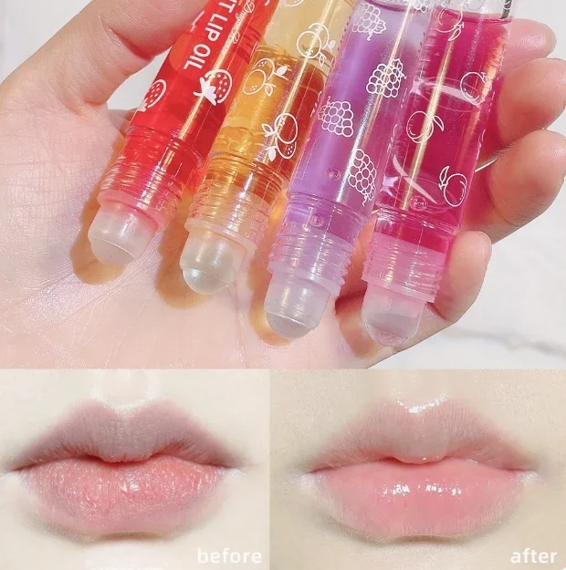 Bálsamo labial roll-on de frutas frescas, 1 peça, óleo labial transparente, hidratante, redução de linhas labiais, nutre, cosméticos líquidos de longa duração