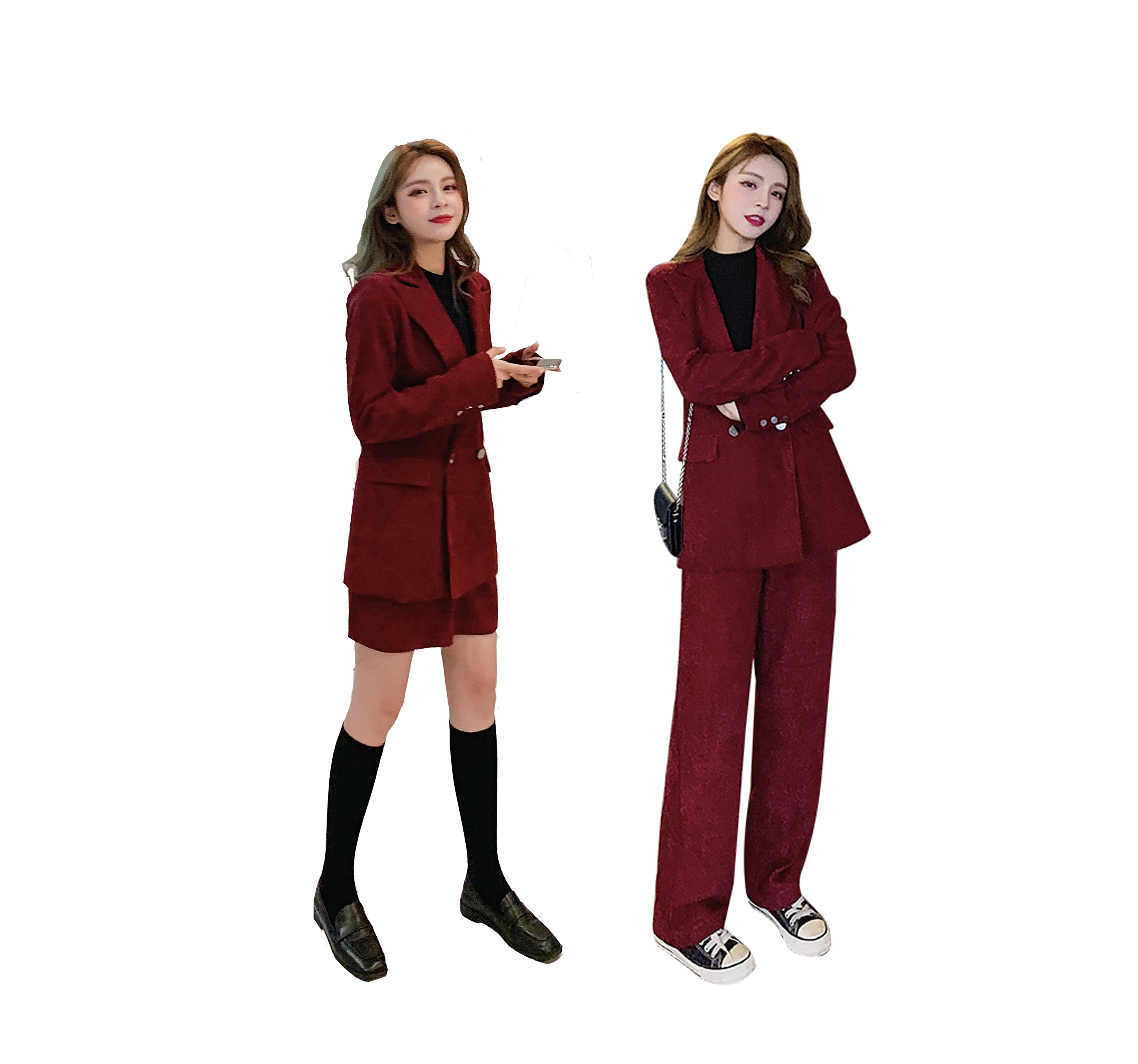 Woman\'s Retro Casual Corduroy Blazer Trousers Suit French Commuter Loose Double-breasted Suit and Wide-leg Pants Two-piece Sets