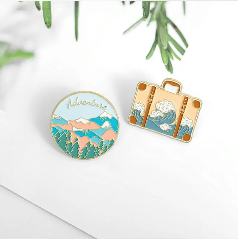 Travel Enamel Pin Adventure Tour Suitcase Journey Brooches Bag Lapel Pin Badges Mountains Oceans Wave Jewelry Gift for Friends