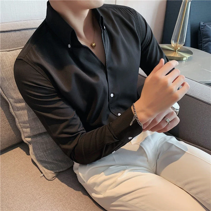 

Casual Slim Shirt British Dress Camisa Masculina Social Spring Italian V-neck Shirt 2023 Summer Men Short Sleeve Simple Shirt