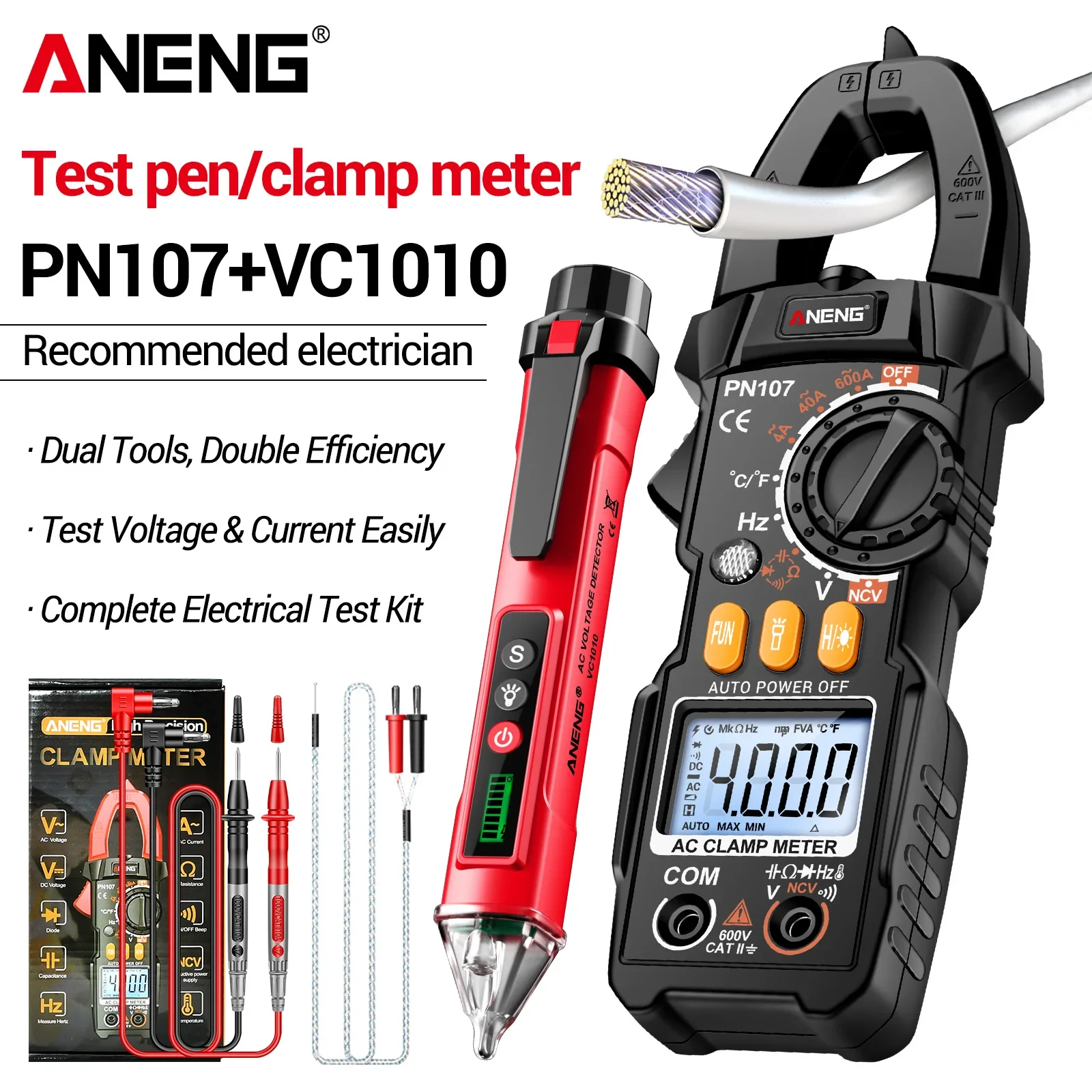 ANENG PN107 Clamp Multimeter VC1010 Voltage Tester Pen  Combo NCV 600V Backlit Display Household Circuit Fault Diagnostic Kit