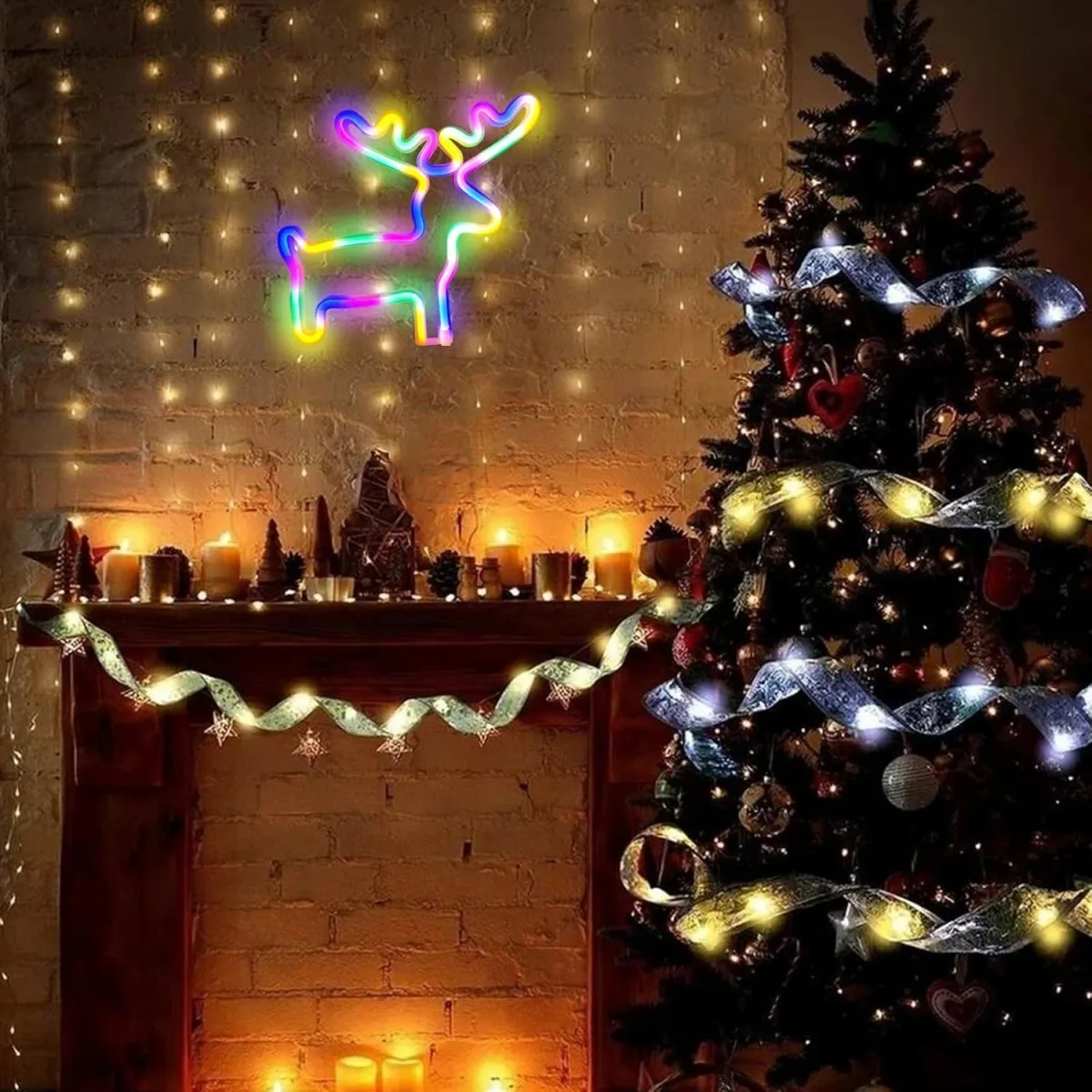 1pc Christmas Tree Neon Sign Light With Elk & Christmas Sock & Christmas Tree For Outdoor Garland Garden Windows Curtain Decor