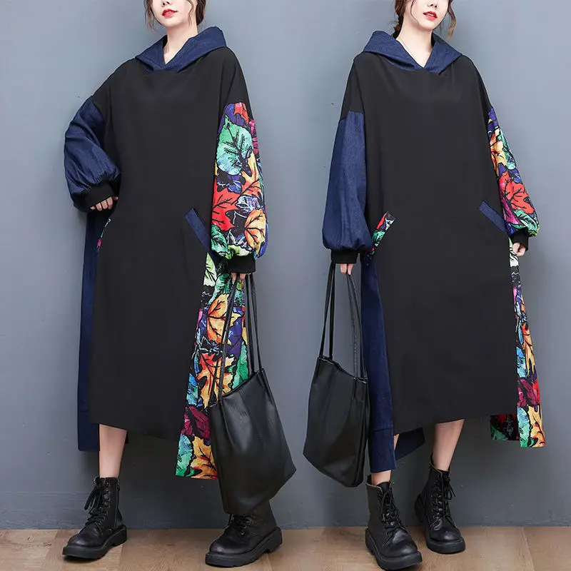 Bluzy duże rozmiary odzież damska 2022 jesień nowa moda sukienka w koreańskim stylu z nadrukiem Denim szwy bluza z kapturem sukienka T426