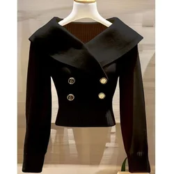 Women Clothing Temperament Elegant Pullovers Fashion Simple Double Breasted Sweaters Autumn Winter Vintage Slim Knitted Jumper