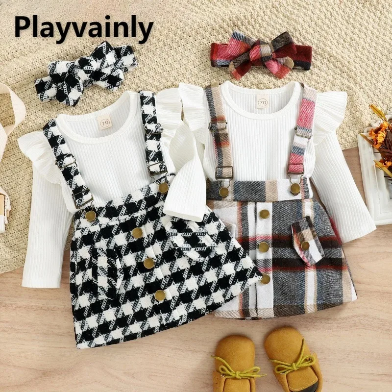 Наряды для девочек в корейском стиле, осенне-зимний белый боди в полоску с рюшами и длинными рукавами + клетчатая юбка на бретелях, одежда для малышей H0624
